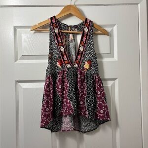 Free People Floral Patchwork V-Neck Tank Top - Black & Burgundy